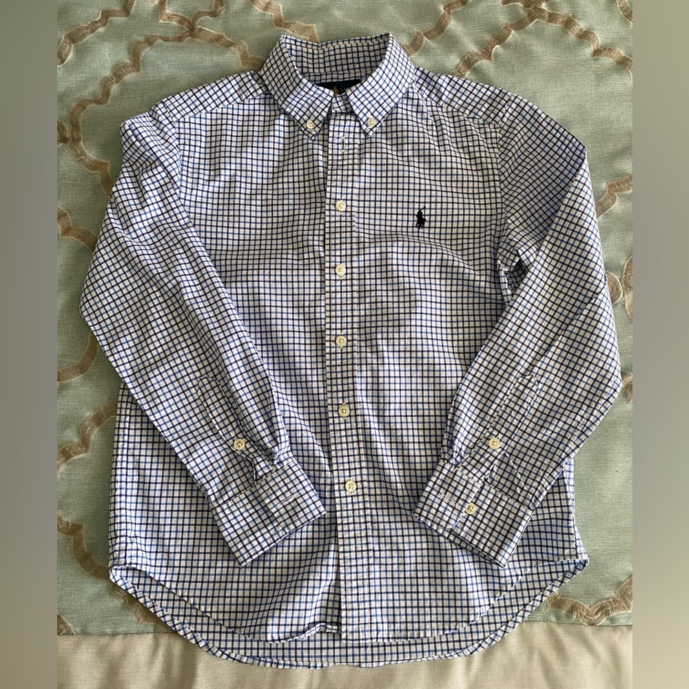 Ralph Lauren Natural Stretch LS Shirt, Blue Checked, Boys Size M 10/12